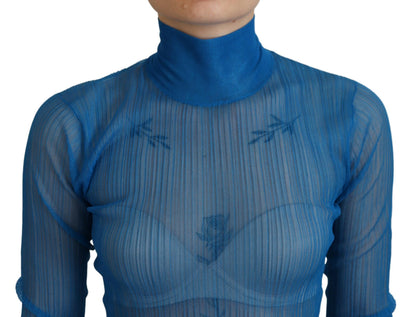 Top camicetta a maniche lunghe con collo alto in rete blu