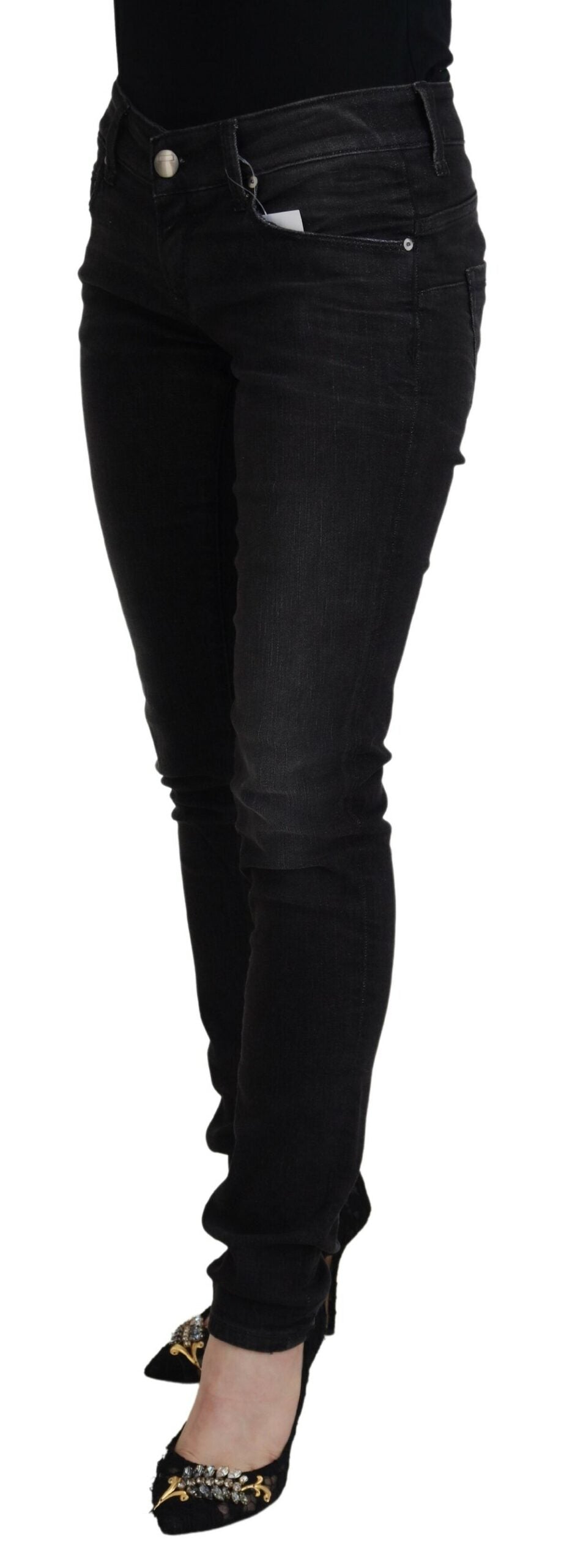 Jeans casual in denim da donna slim fit a vita bassa in cotone nero