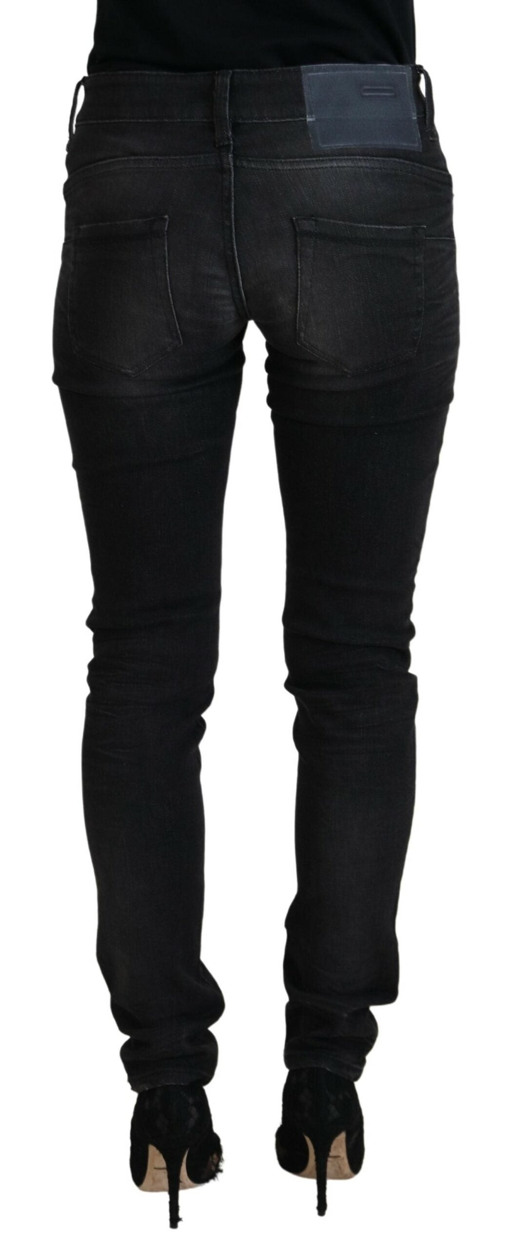 Jeans casual in denim da donna slim fit a vita bassa in cotone nero