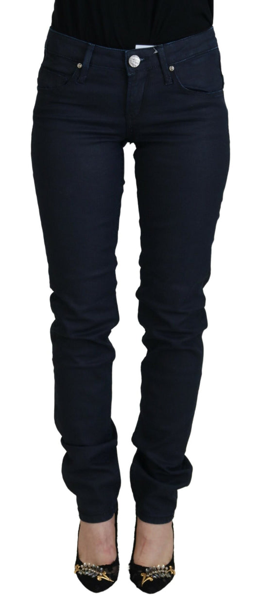 Jeans casual in denim da donna slim fit a vita bassa in cotone blu