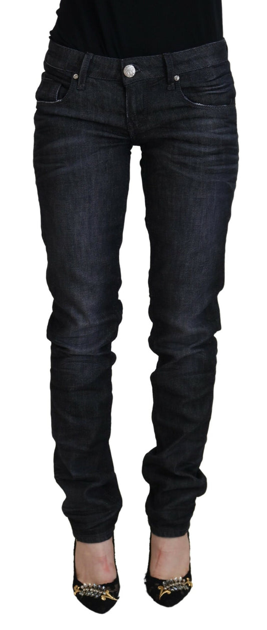 Jeans casual in denim da donna slim fit a vita bassa in cotone nero