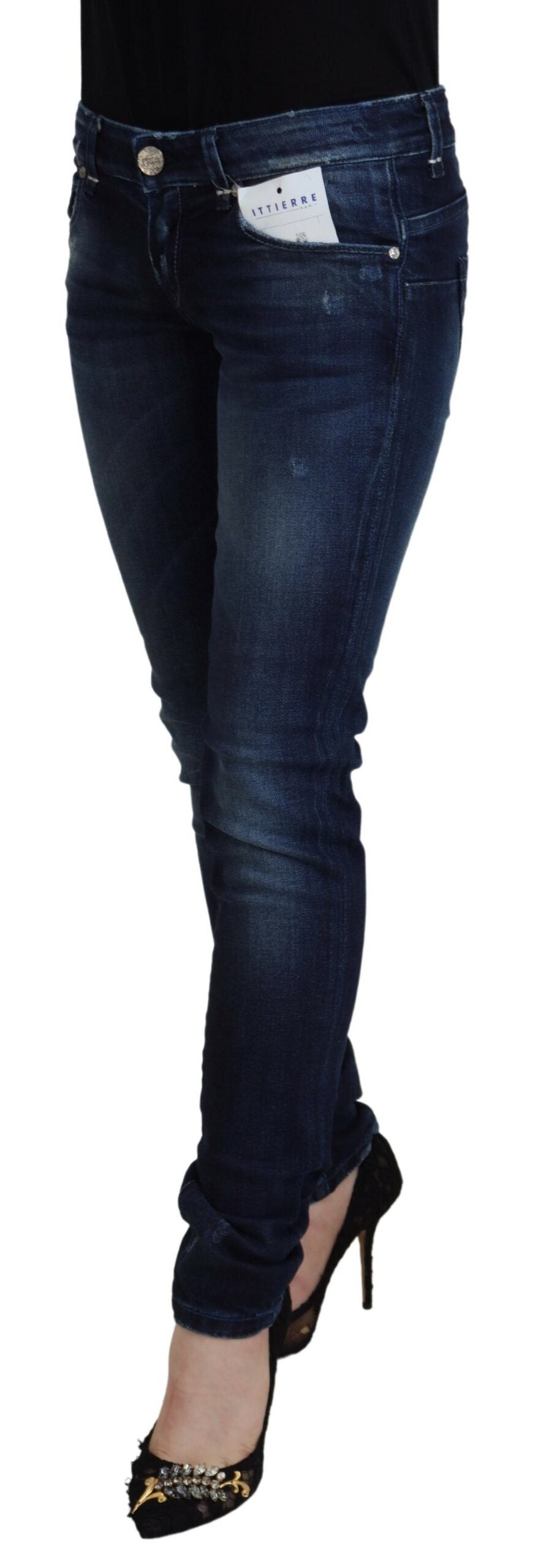 Jeans casual in denim da donna slim fit a vita bassa in cotone blu