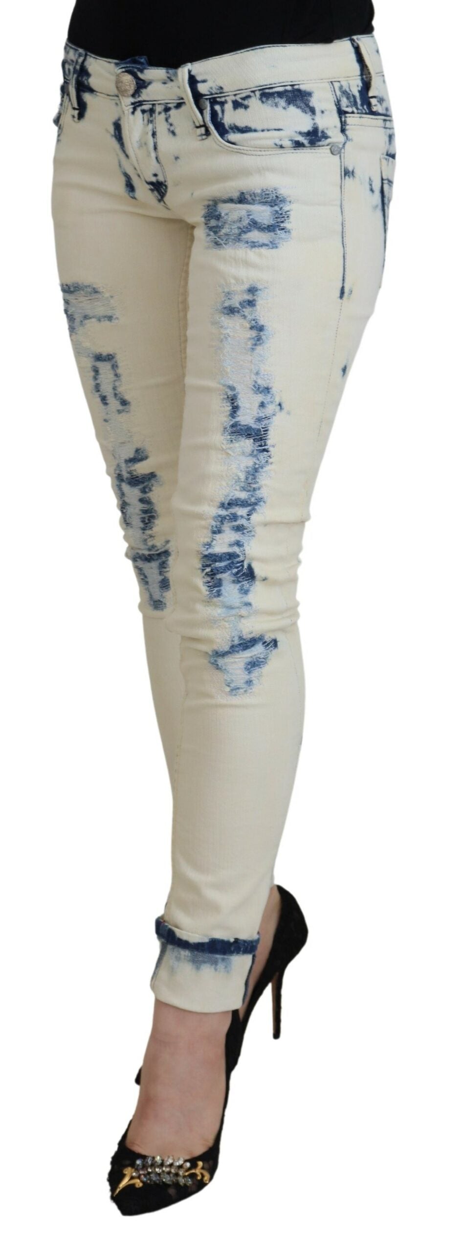 Jeans denim stracciati da donna skinny in cotone bianco blu