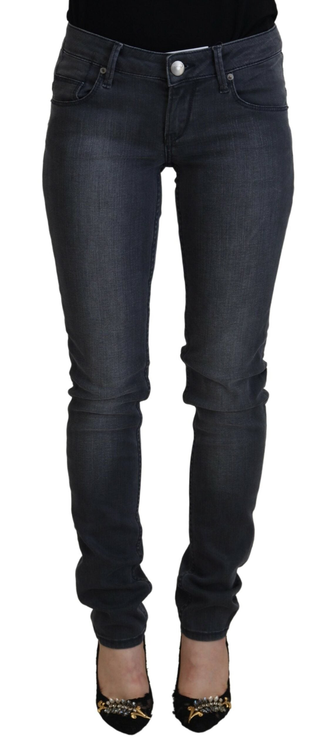 Jeans denim casual da donna a vita bassa skinny in cotone grigio