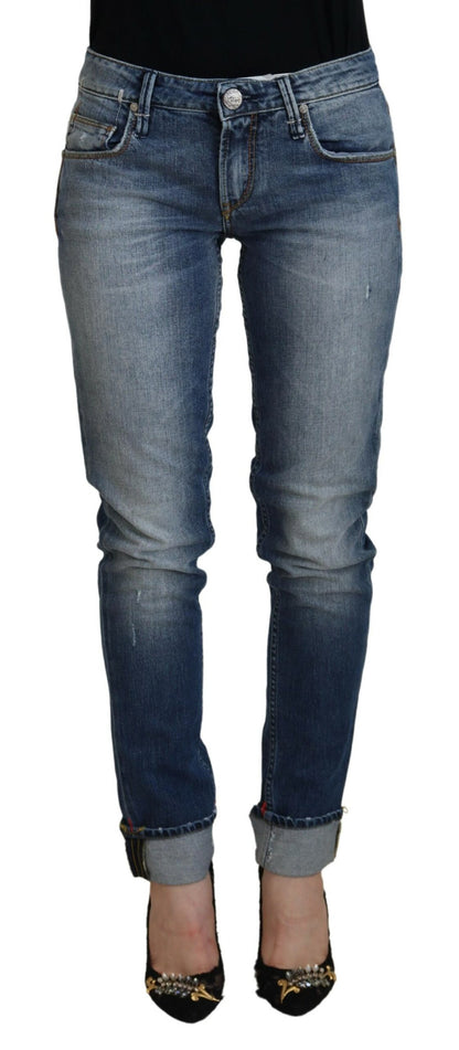 Jeans casual da donna a vita bassa in cotone lavato blu