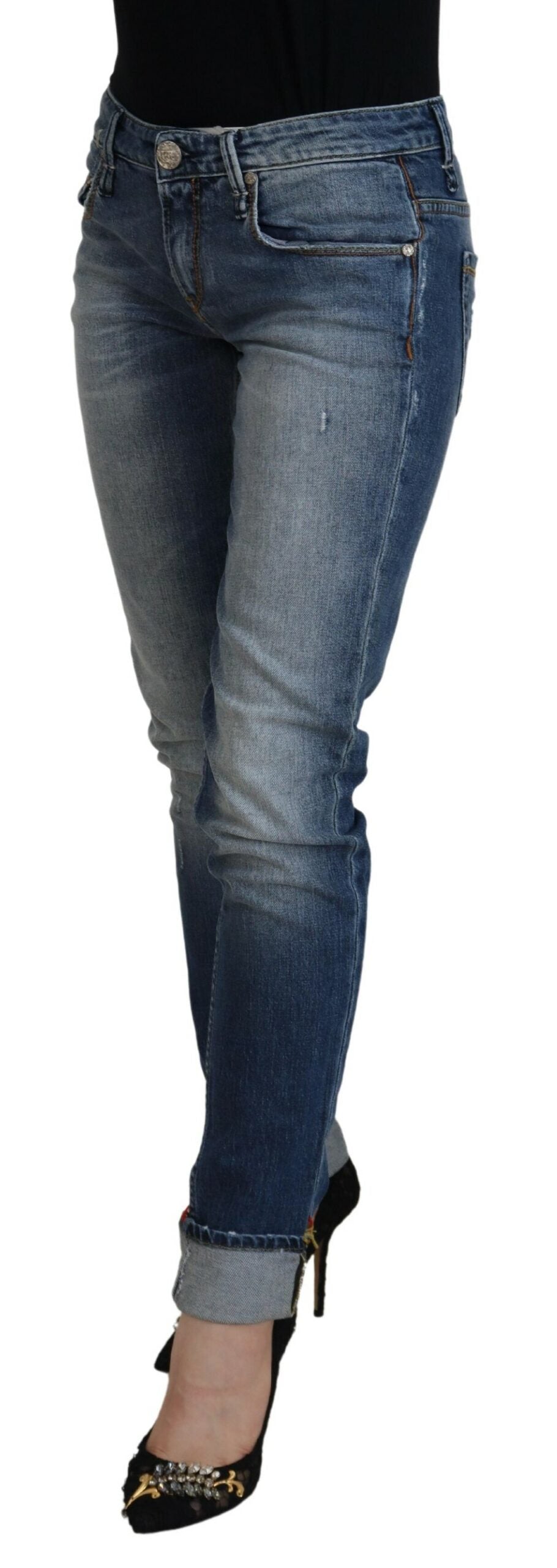 Jeans casual da donna a vita bassa in cotone lavato blu