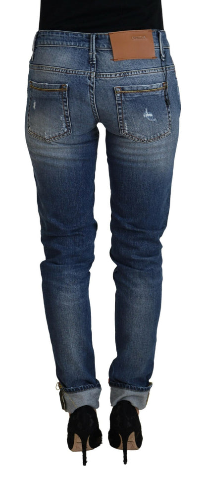 Jeans casual da donna a vita bassa in cotone lavato blu