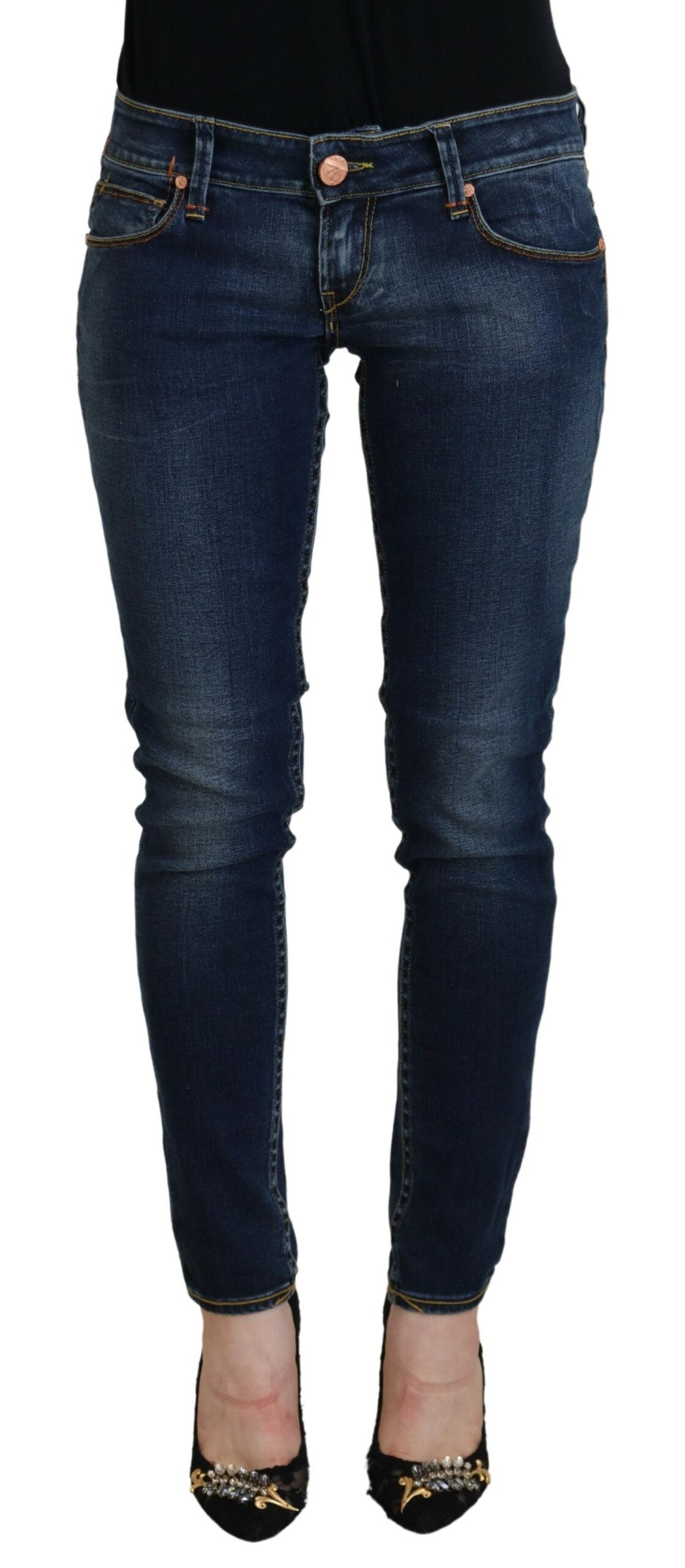 Jeans casual da donna skinny a vita bassa in cotone blu