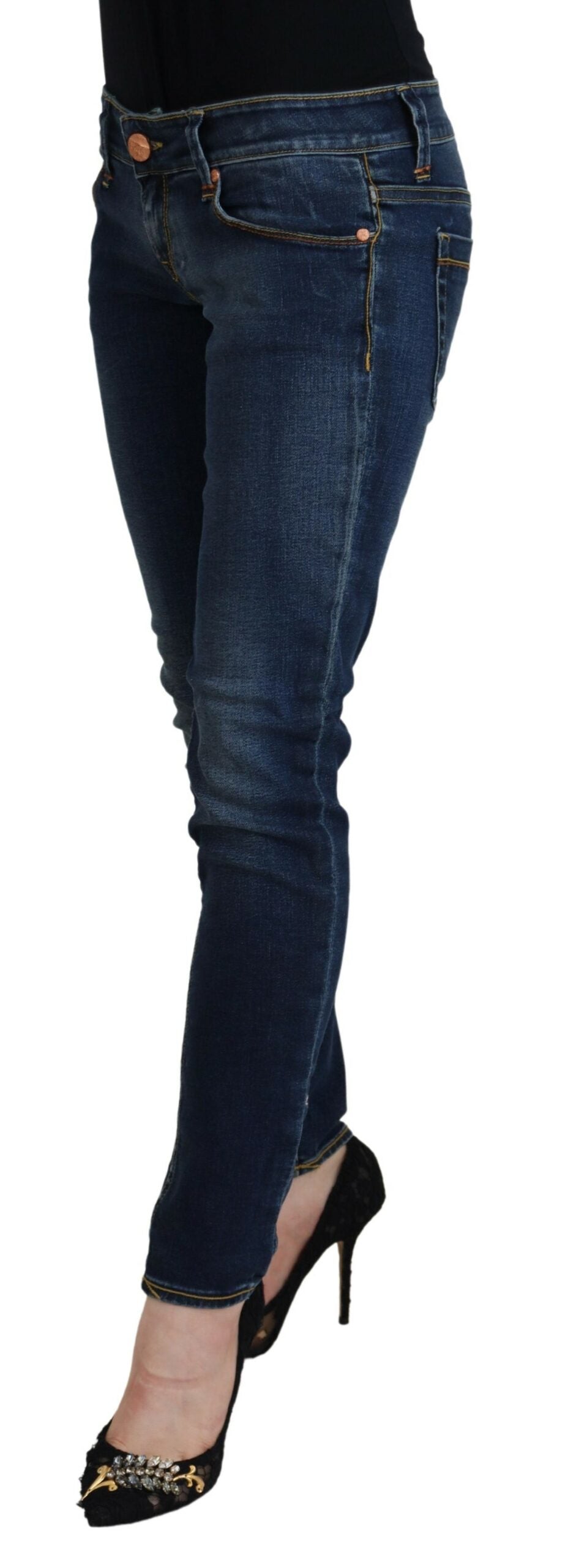 Jeans casual da donna skinny a vita bassa in cotone blu