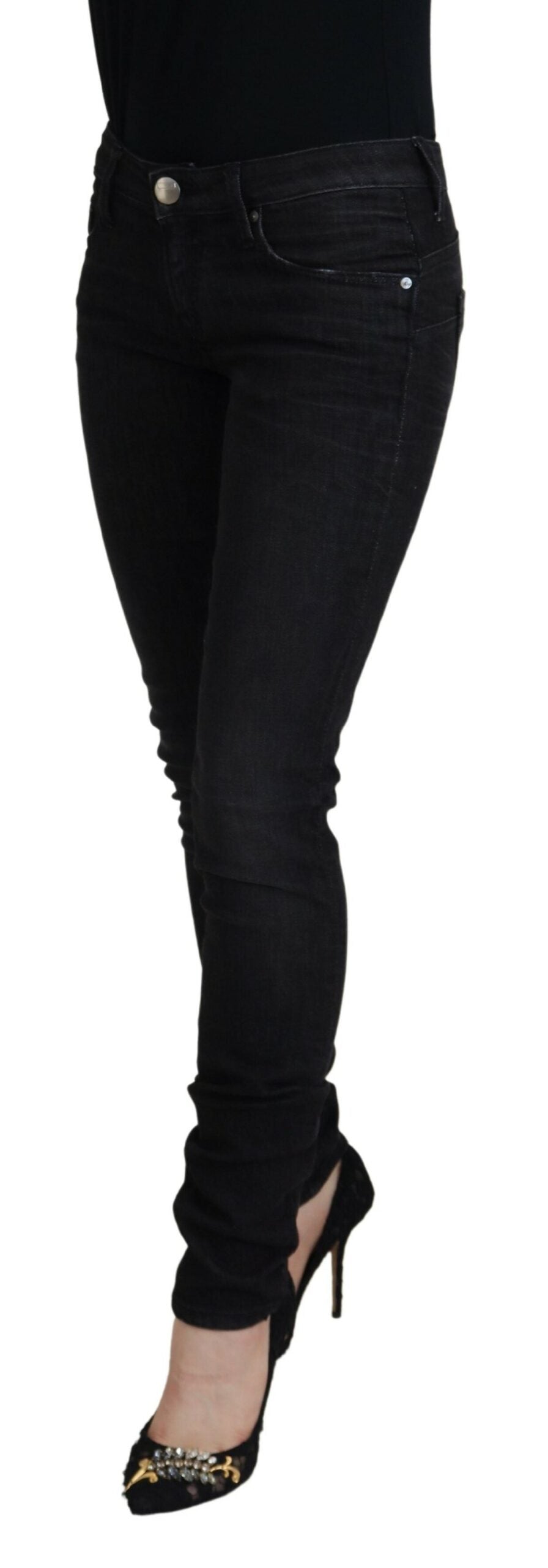 Jeans casual in denim da donna slim fit in cotone nero