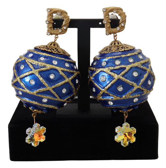 Orecchini a clip in cristallo con sfera pendente blu in ottone dorato