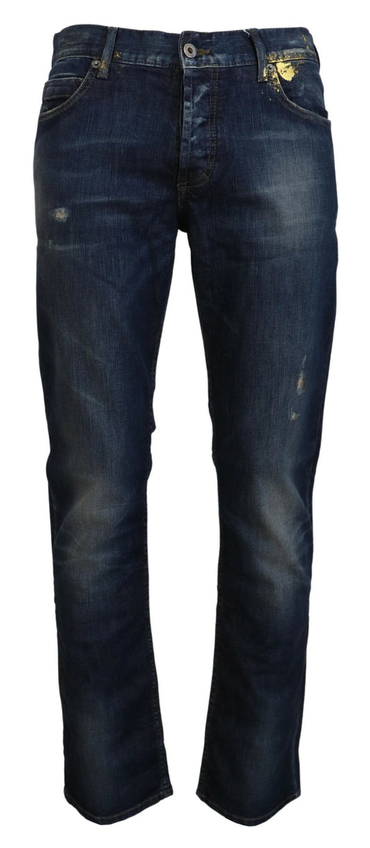 Jeans casual in denim da uomo dal taglio dritto in cotone lavato blu