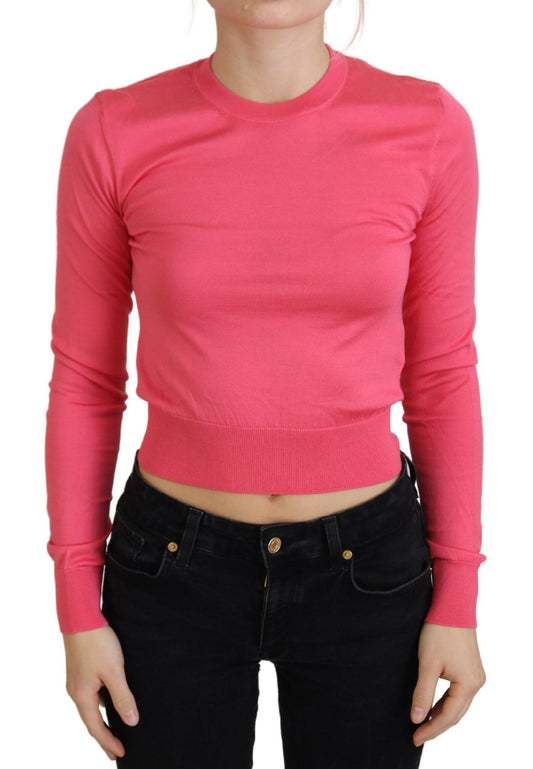 Maglione pullover girocollo corto in seta rosa