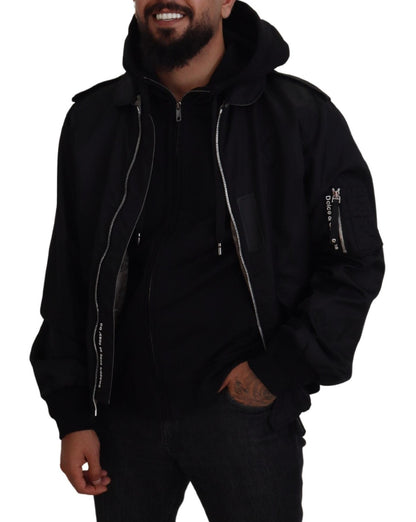 Giacca da uomo con zip intera e cappuccio in nylon nero