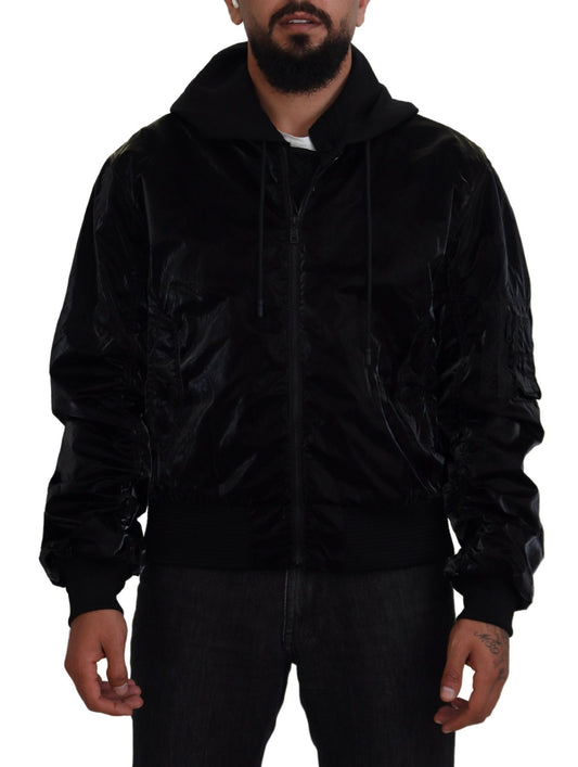 Giubbotto bomber con zip intera e cappuccio in nylon nero