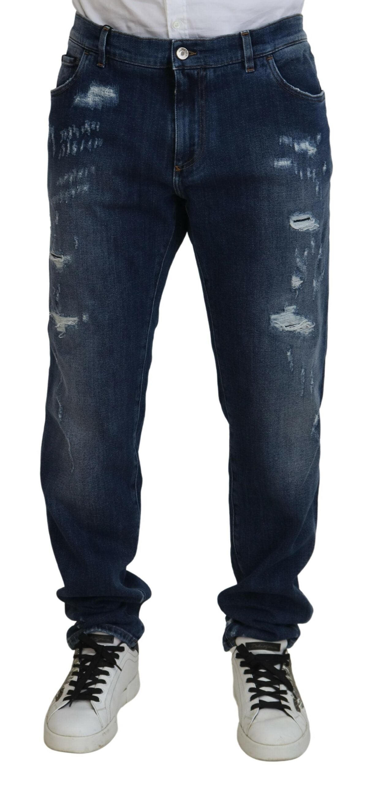 Jeans slim in denim stretch di cotone blu stracciato