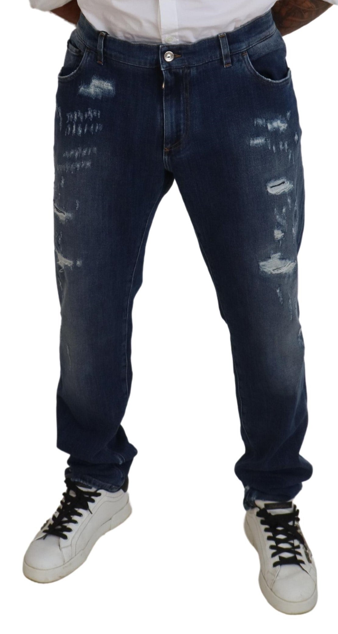 Jeans slim in denim stretch di cotone blu stracciato