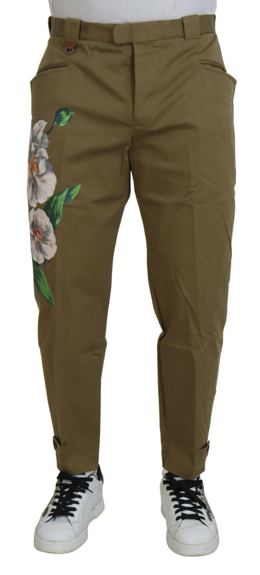 Pantaloni chino floreali elasticizzati in cotone beige