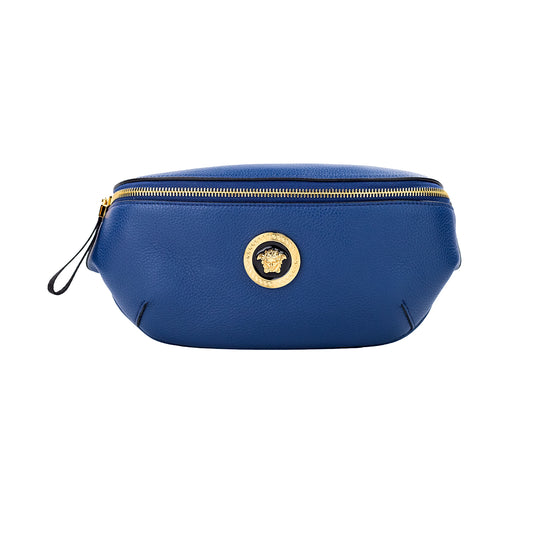 Versace – Kleine Bauchtasche aus marineblauem Kalbsleder mit Medusa-Anhänger