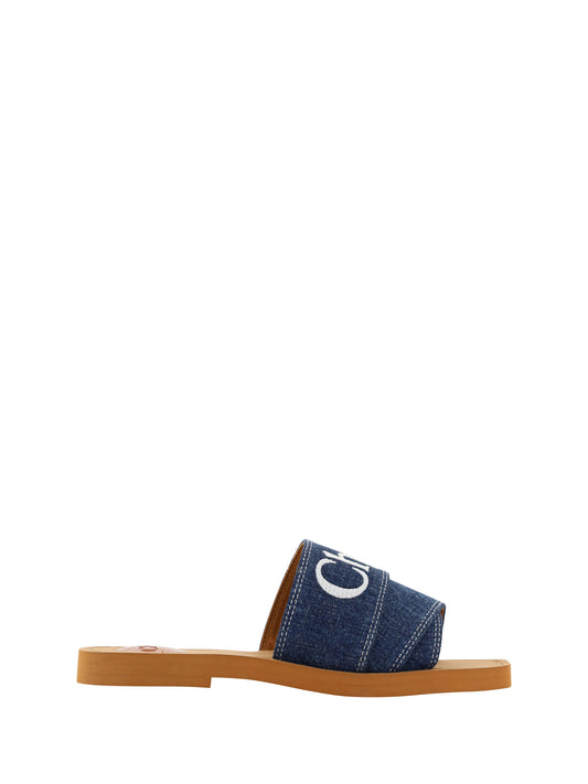 Chloé – Prächtige Woody Slide-Sandalen aus Baumwolle in Jeansblau