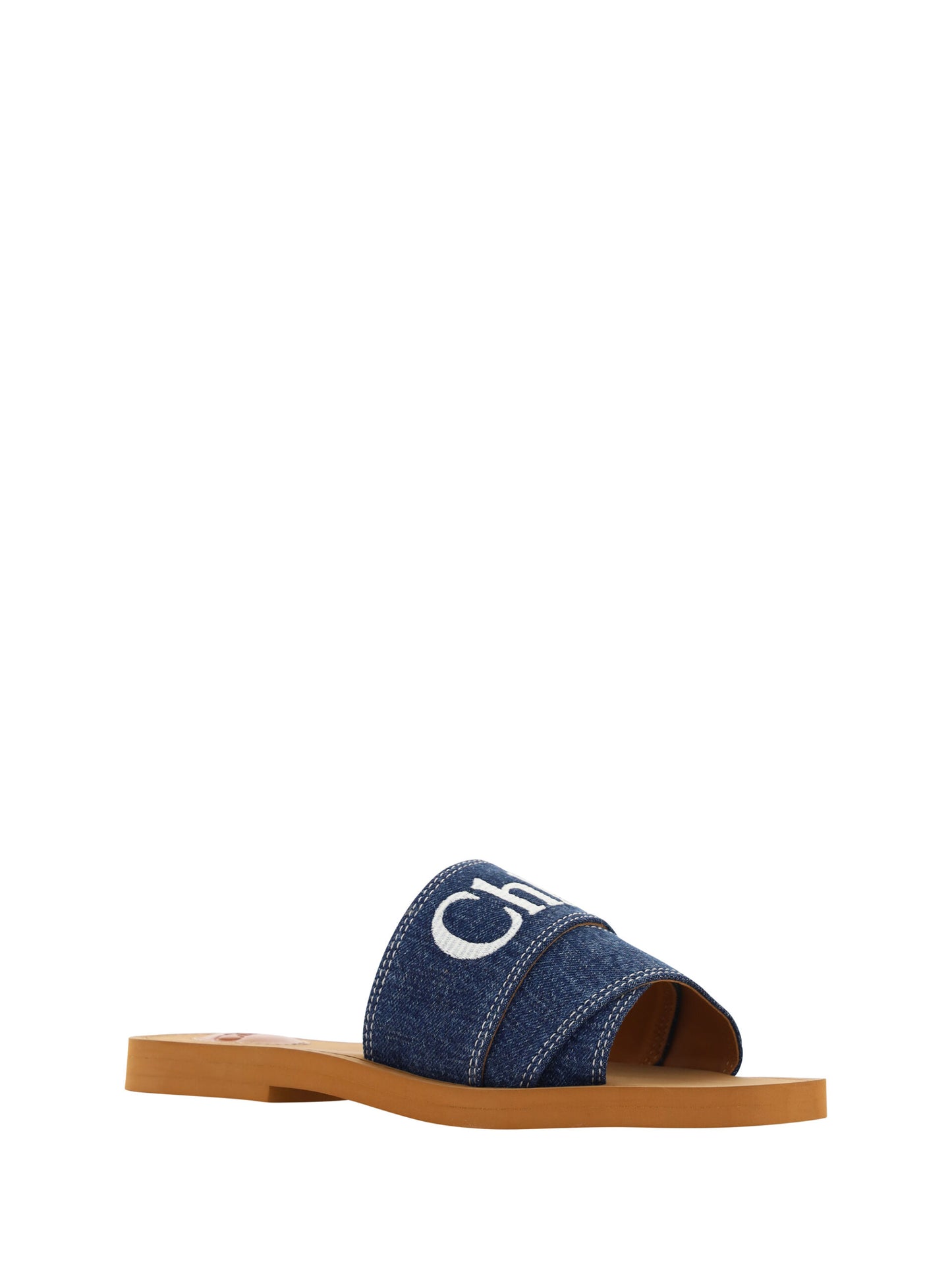 Chloé – Prächtige Woody Slide-Sandalen aus Baumwolle in Jeansblau