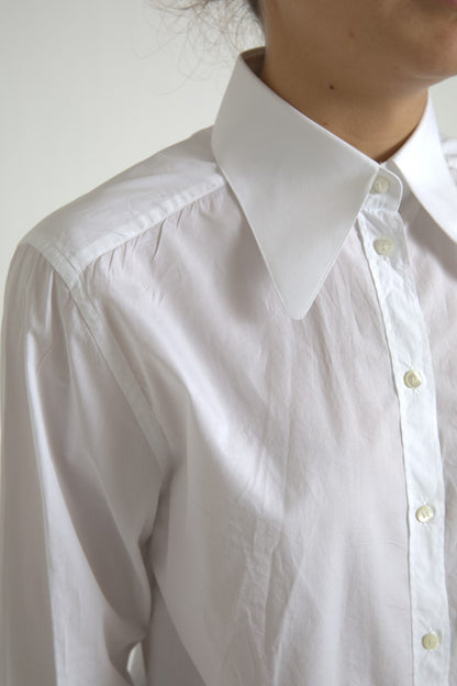 Top camicia a maniche lunghe con colletto in cotone bianco