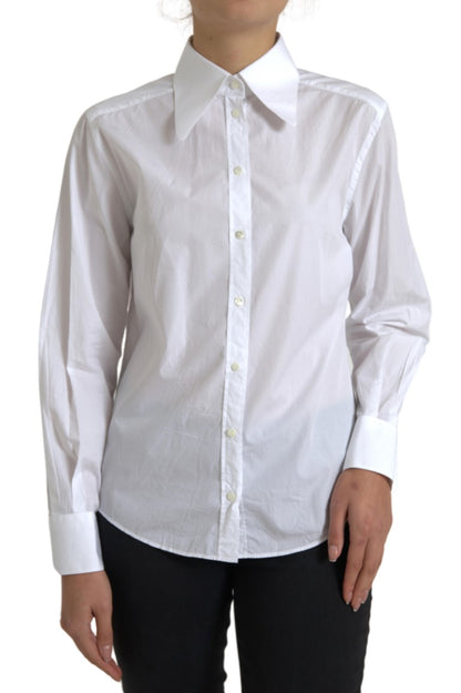 Top camicia a maniche lunghe con colletto in cotone bianco