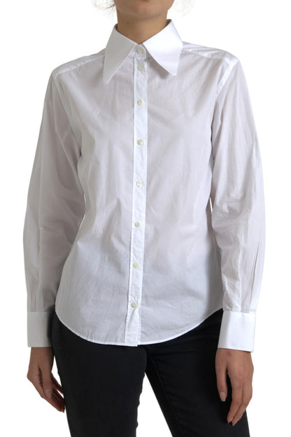 Top camicia a maniche lunghe con colletto in cotone bianco