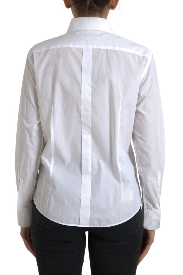 Top camicia a maniche lunghe con colletto in cotone bianco