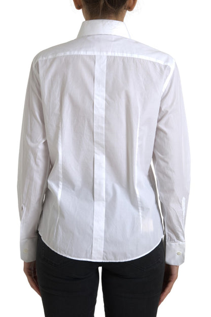 Top camicia a maniche lunghe con colletto in cotone bianco