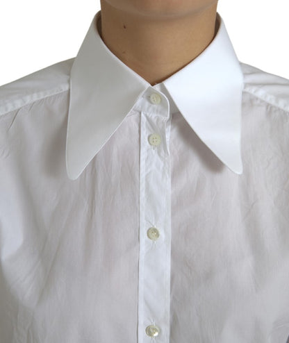 Top camicia a maniche lunghe con colletto in cotone bianco