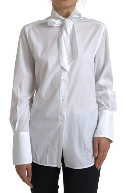 Top a maniche lunghe in cotone bianco con colletto Ascot