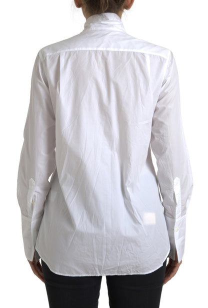 Top a maniche lunghe in cotone bianco con colletto Ascot