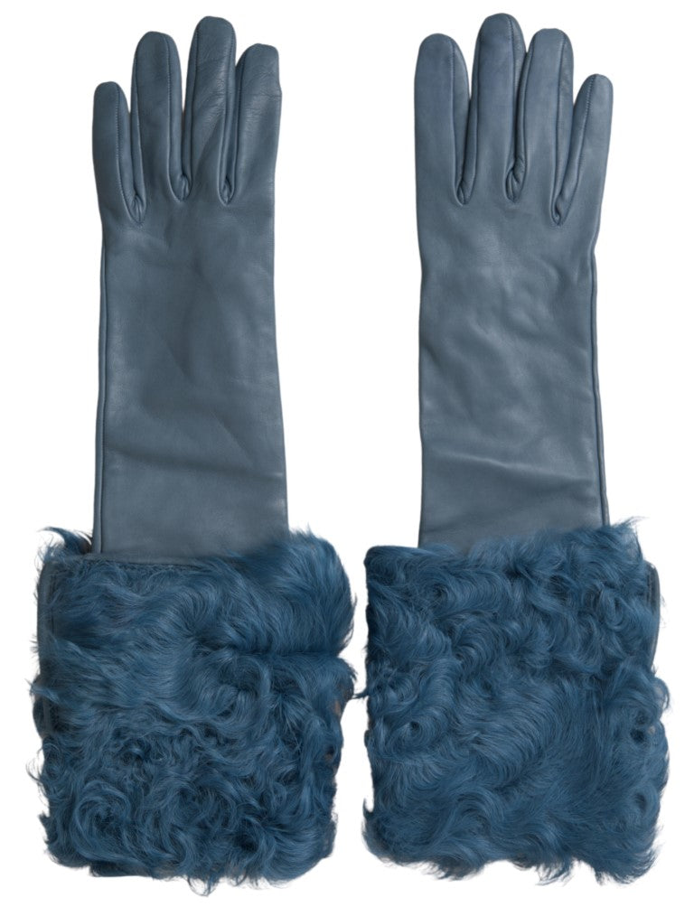 Dolce &amp; Gabbana Elegante blaue Lederhandschuhe mit Pelzbesatz