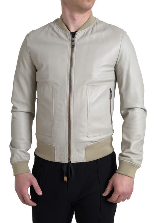 Giubbotto bomber in pelle color crema con zip intera