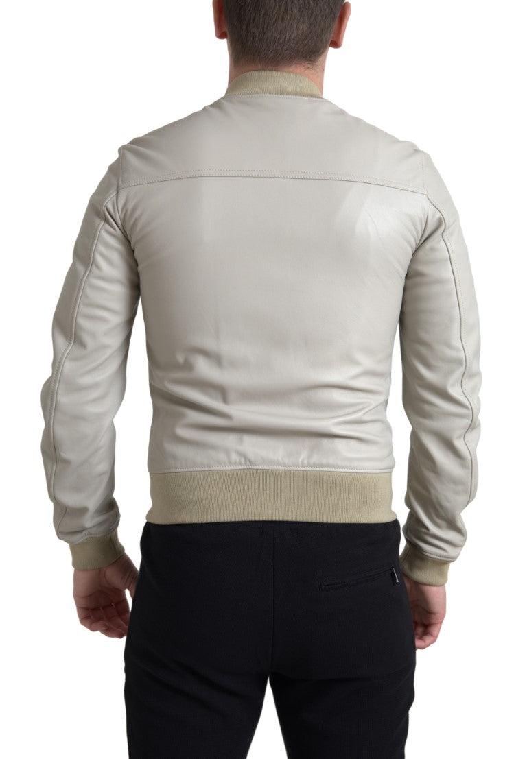 Giubbotto bomber in pelle color crema con zip intera