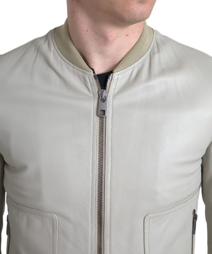 Giubbotto bomber in pelle color crema con zip intera