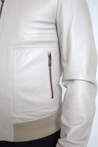 Giubbotto bomber in pelle color crema con zip intera