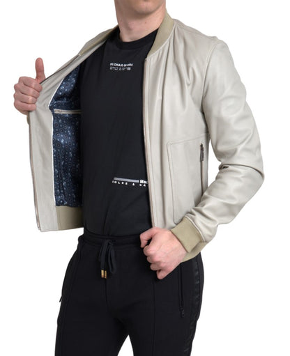 Giubbotto bomber in pelle color crema con zip intera