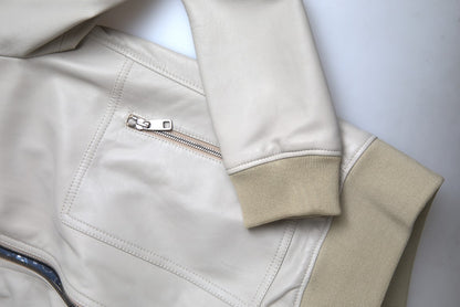 Giubbotto bomber in pelle color crema con zip intera