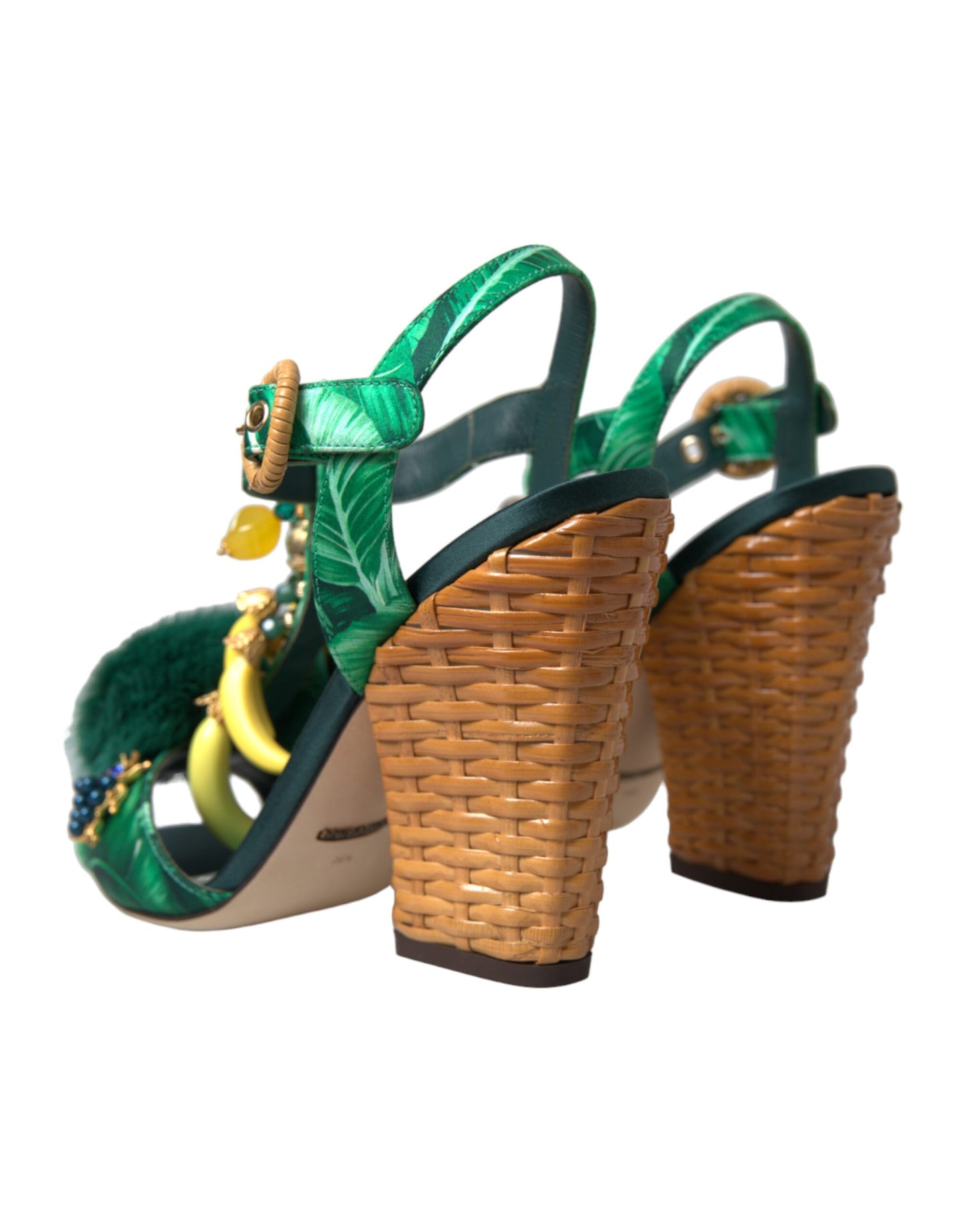 Dolce &amp; Gabbana – Grüne Sandalen mit T-Riemen aus Nerzfell mit Kristallen