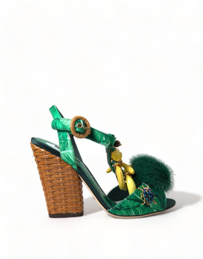 Dolce &amp; Gabbana – Grüne Sandalen mit T-Riemen aus Nerzfell mit Kristallen