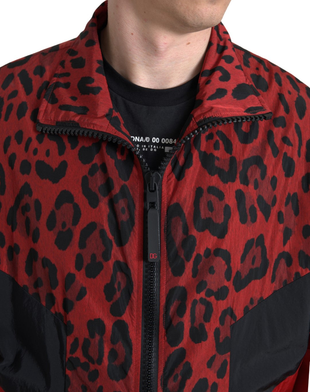 Maglione con zip intera in nylon leopardato rosso