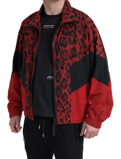 Maglione con zip intera in nylon leopardato rosso