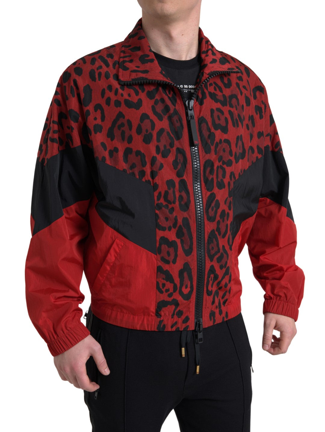 Maglione con zip intera in nylon leopardato rosso