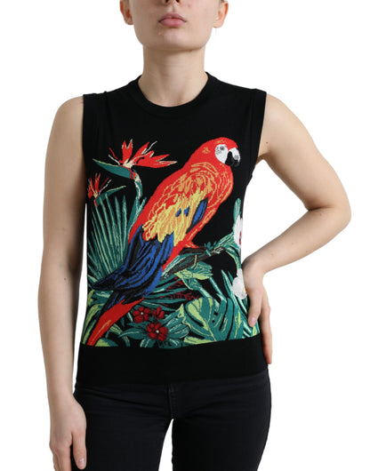 Dolce &amp; Gabbana Elegantes Rundhals-Tanktop aus Wolle und Seide mit Vogelstickerei