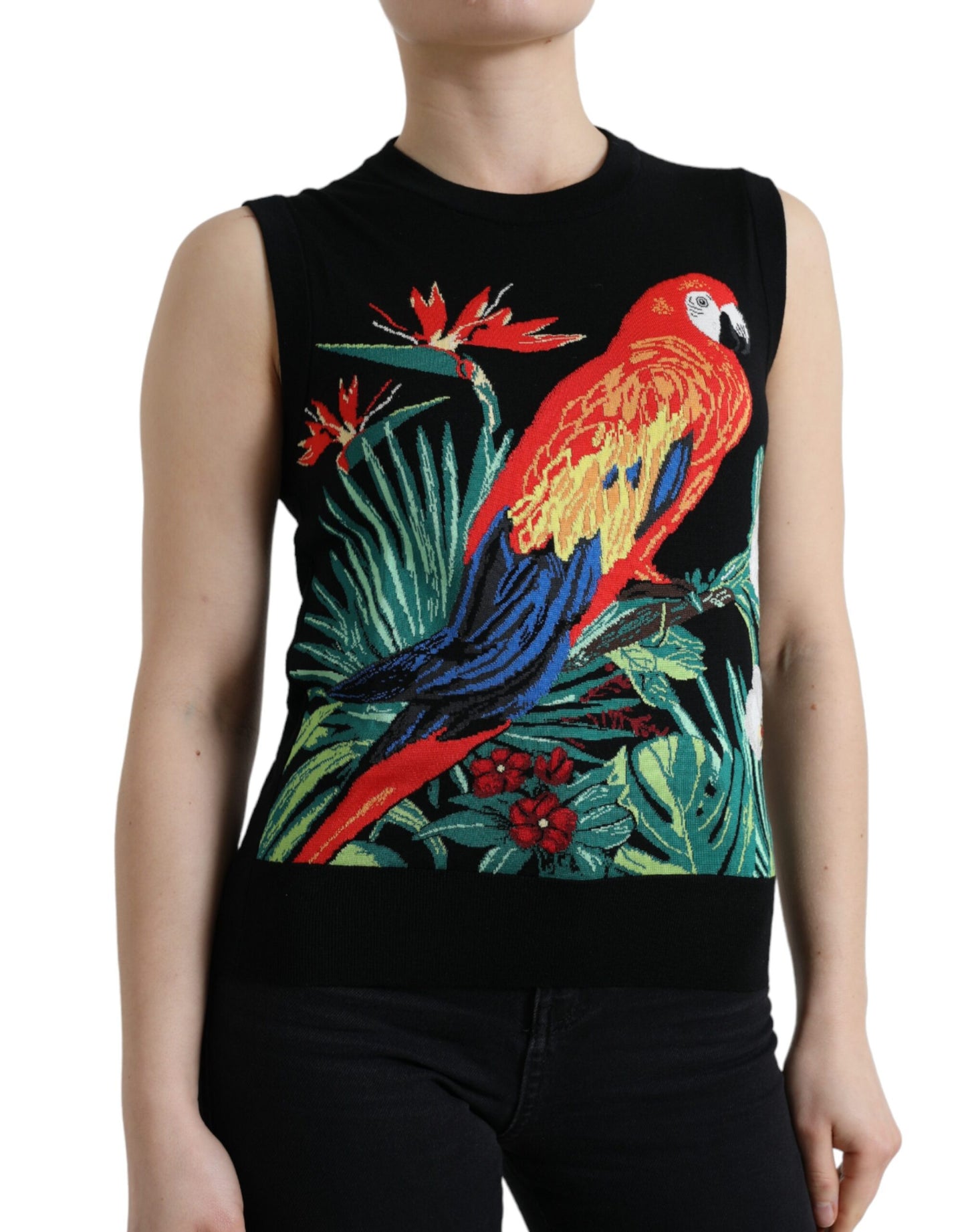 Dolce &amp; Gabbana Elegantes Rundhals-Tanktop aus Wolle und Seide mit Vogelstickerei