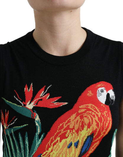 Dolce &amp; Gabbana Elegantes Rundhals-Tanktop aus Wolle und Seide mit Vogelstickerei