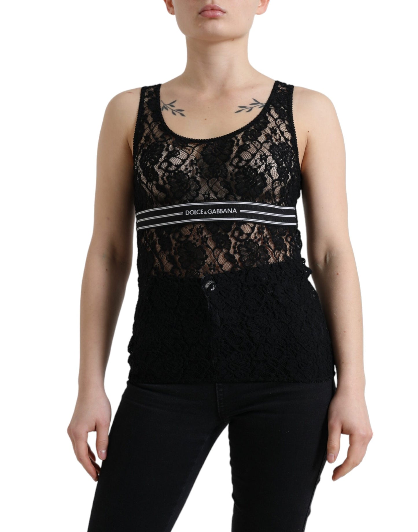 Dolce &amp; Gabbana Elegantes Spitzen-Tanktop mit Logo-Streifen