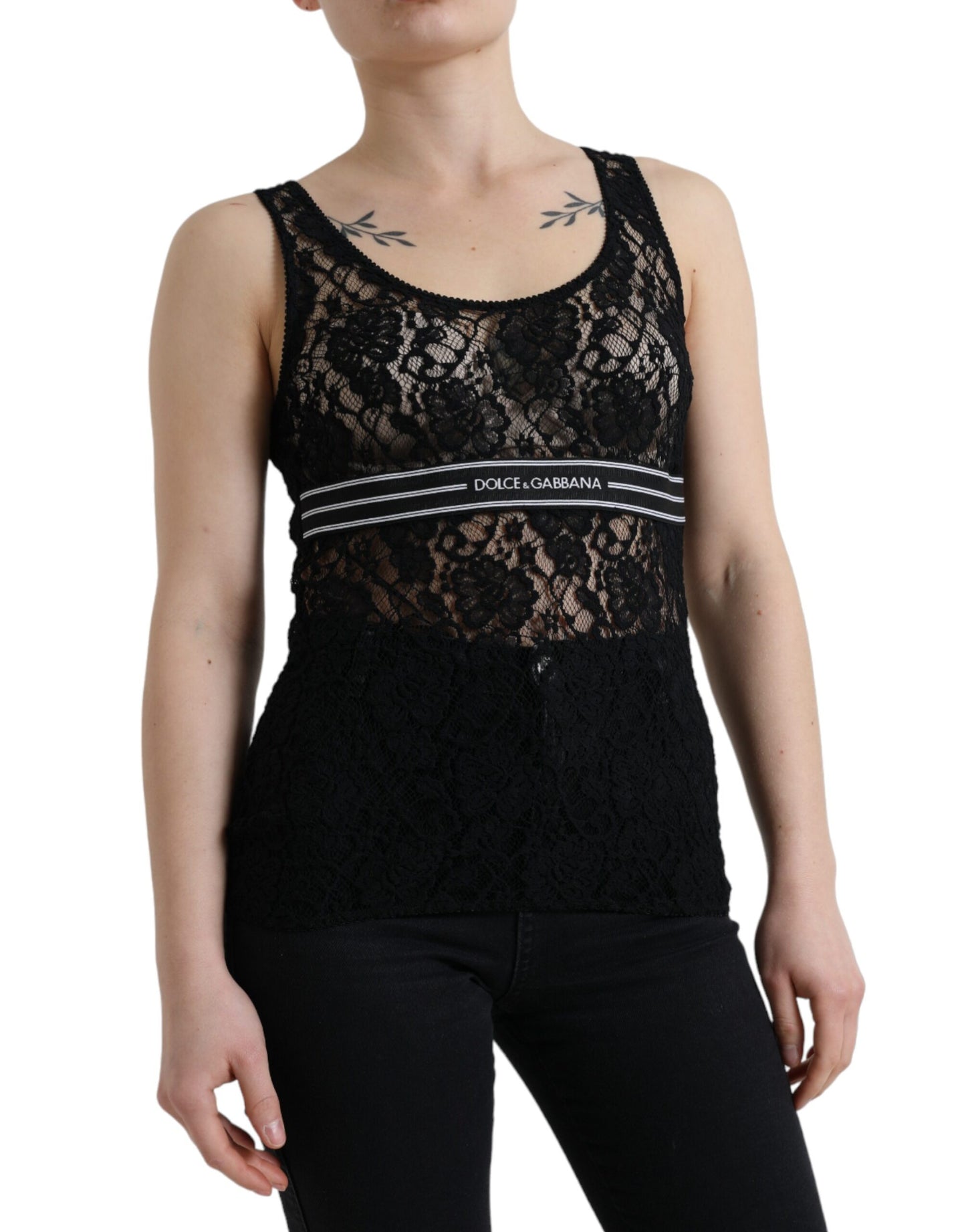 Dolce &amp; Gabbana Elegantes Spitzen-Tanktop mit Logo-Streifen